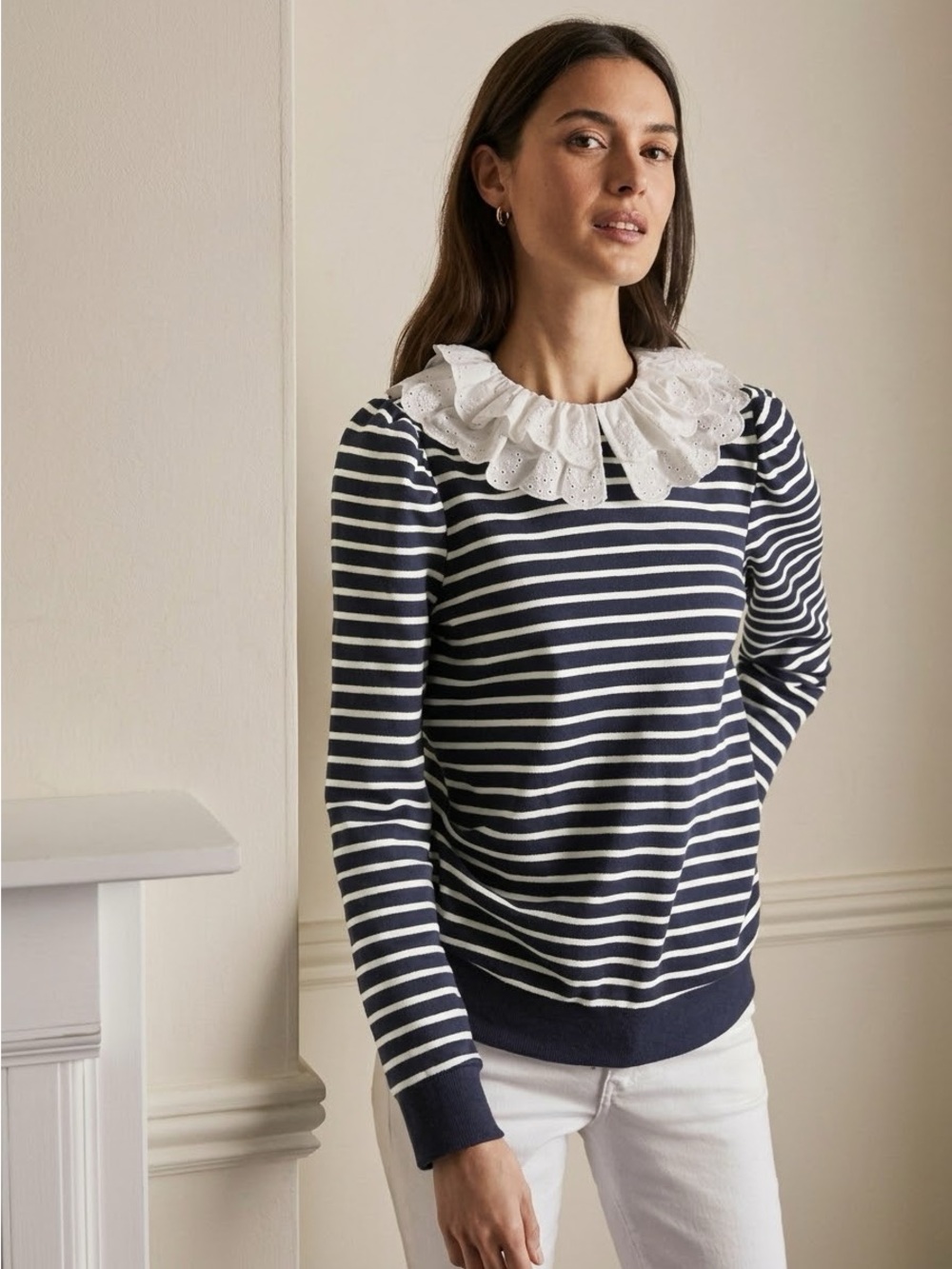 Boden Isla Broderie Lace Collar Sweatshirt Navy White Striped Top